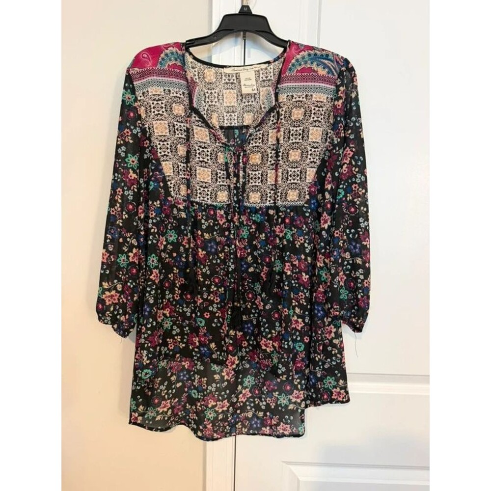 American Rag Floral Boho Tunic Blouse Women's Medium Black Long Sleeve Paisley